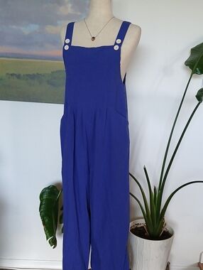 Sapphire Blue Wide-Leg Jumpsuit with Adjustable Button Straps Sz S
